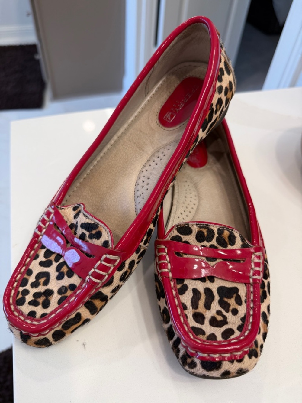 Sperry Vintage Leopard faux calf hair Loafers with Red Patent Trim 7